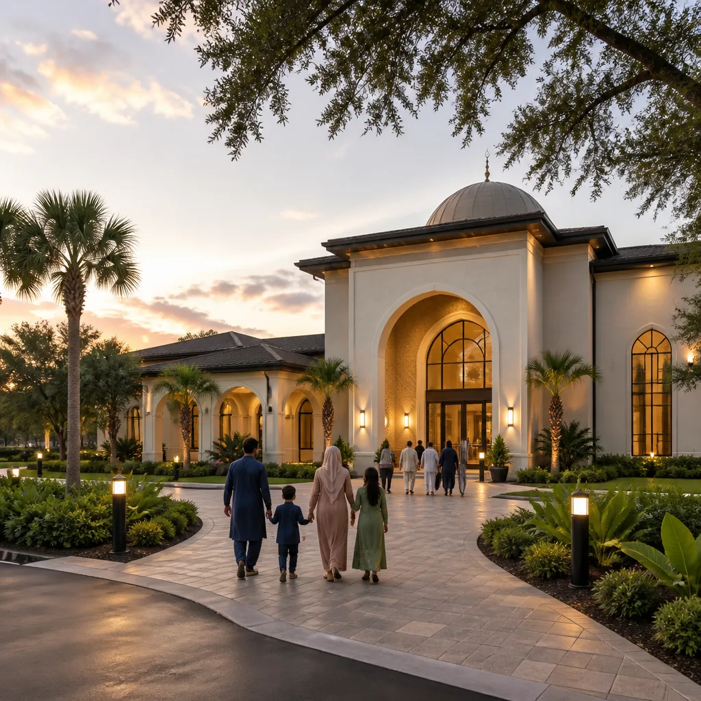 Welcoming community center exterior with families arriving
