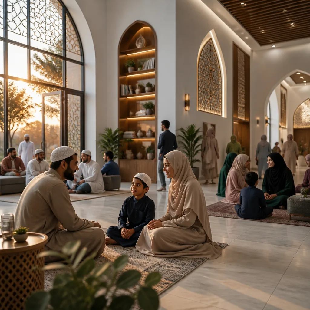 Families and community members in a welcoming Islamic center atmosphere