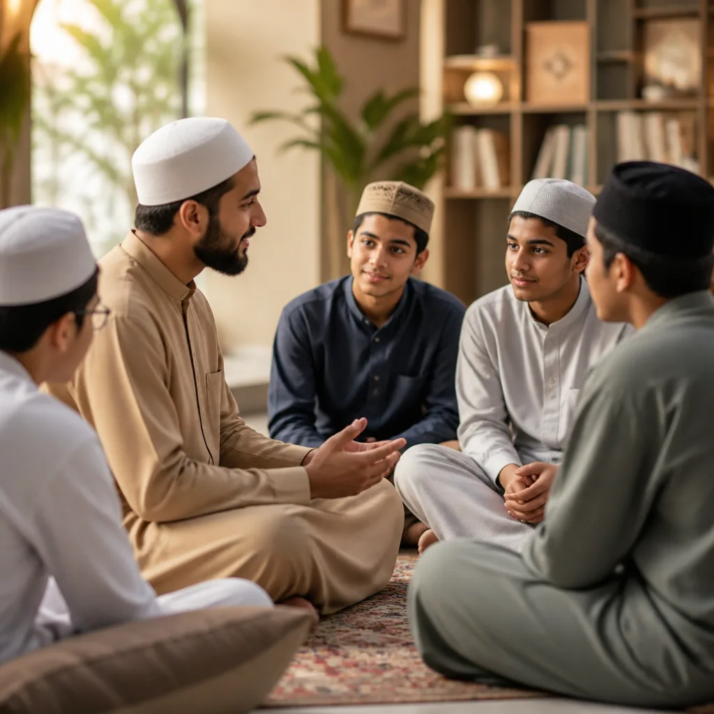 Youth learning in a warm halaqah-style circle with a mentor in a community setting