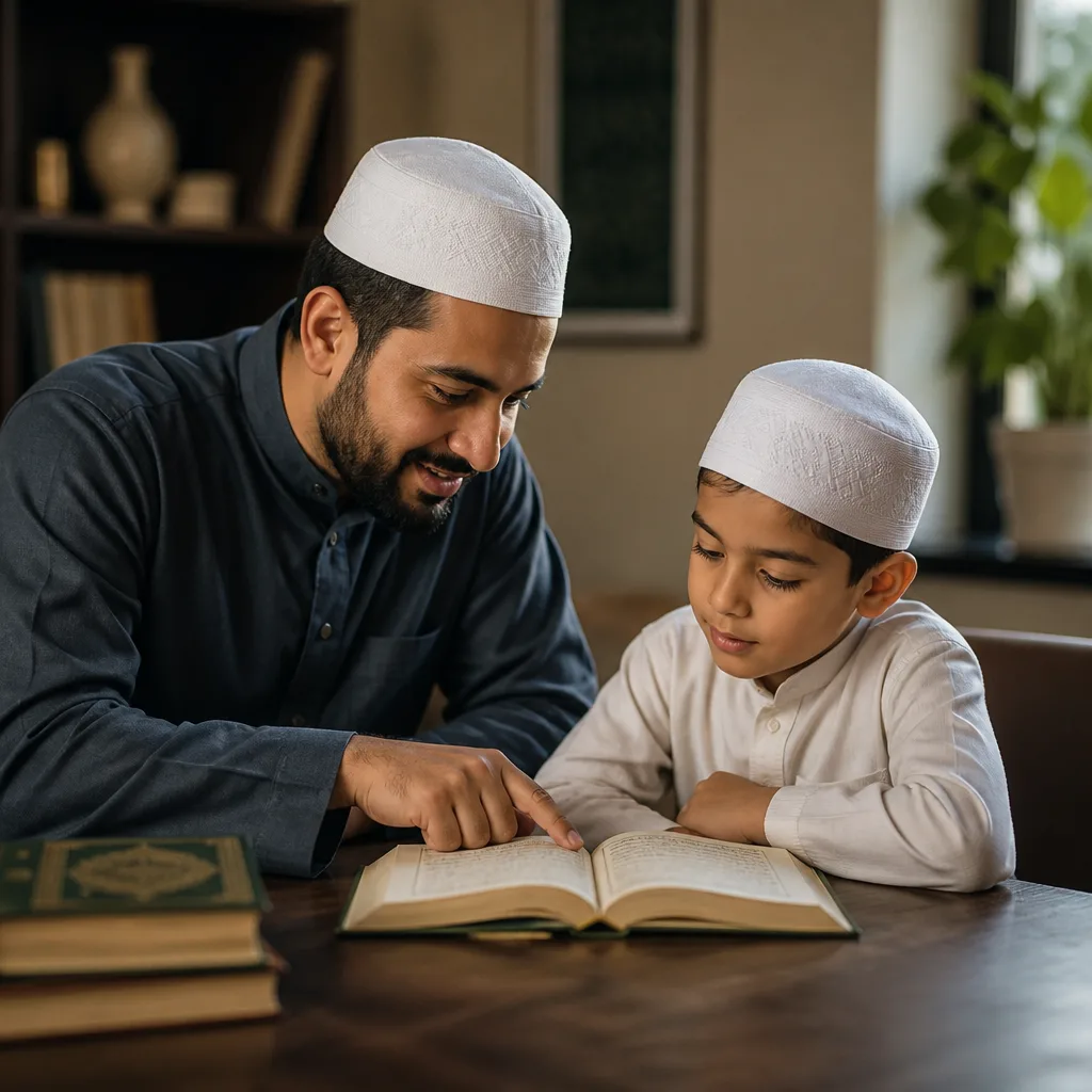 Parent and child reviewing Quran learning together with supportive guidance from AMCC