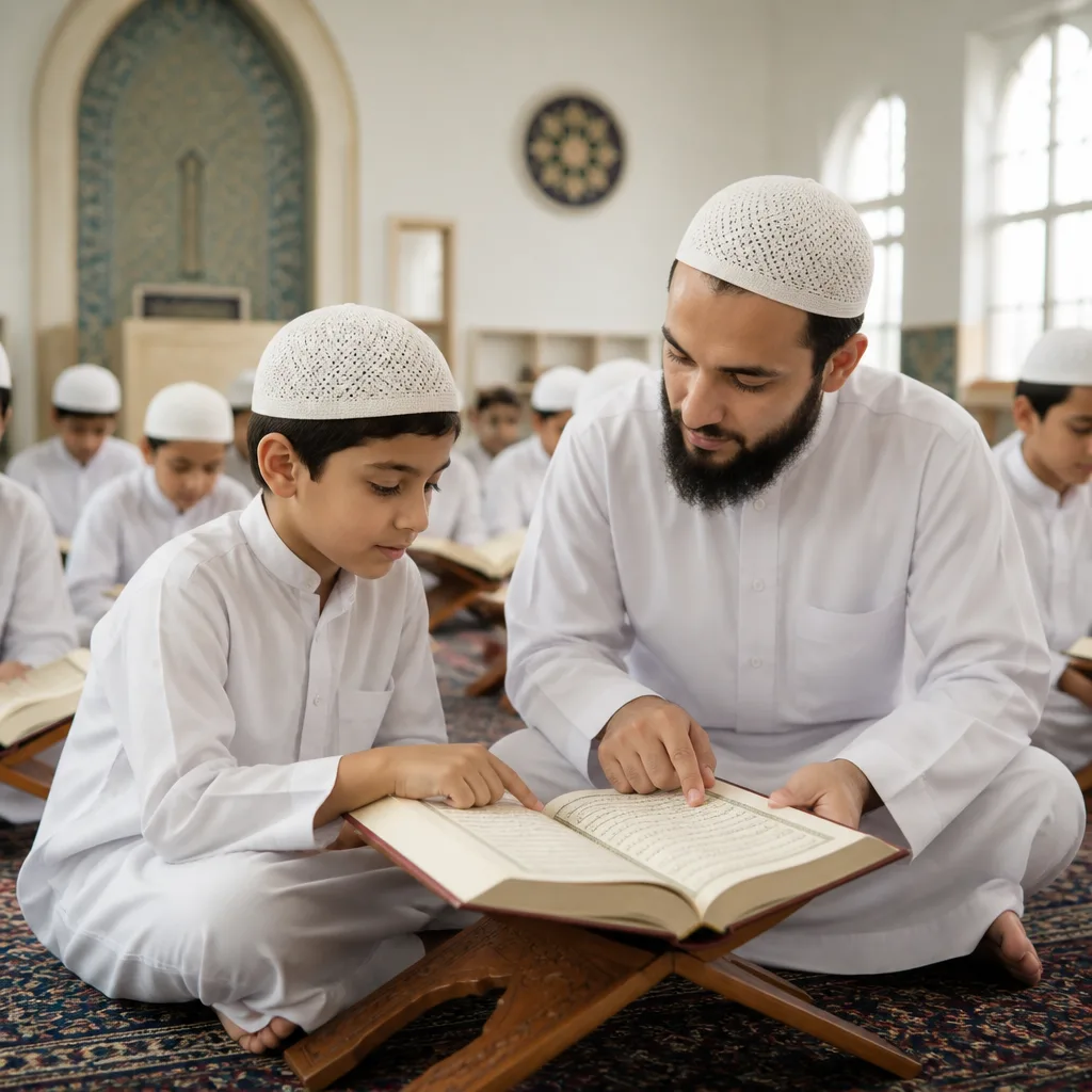 Youth Quran class with a teacher supporting Tajweed and learning in a welcoming environment