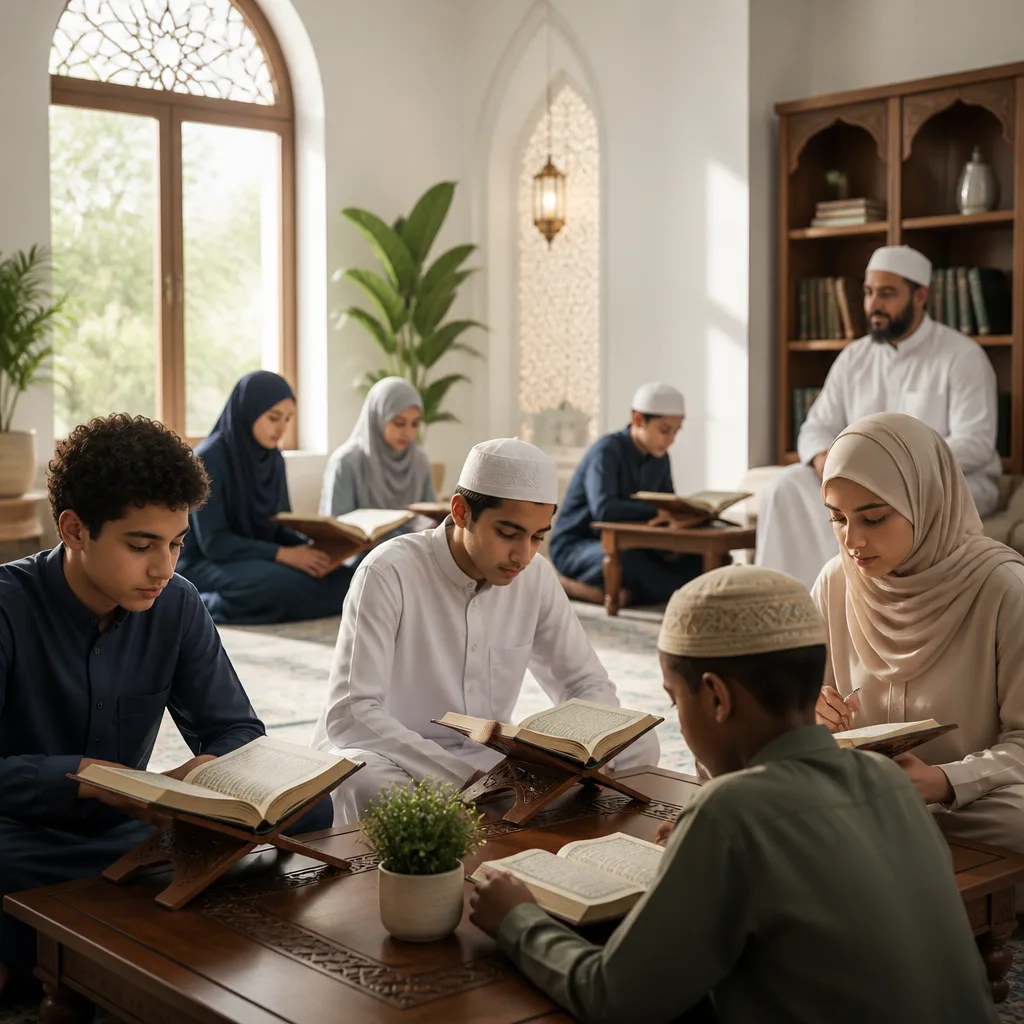 Diverse youth participating in supportive Quran learning focused on Tajweed and Hifz