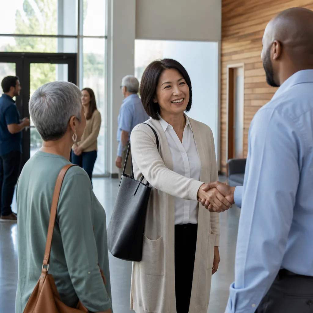 Diverse visitors greeting warmly in front of a community center