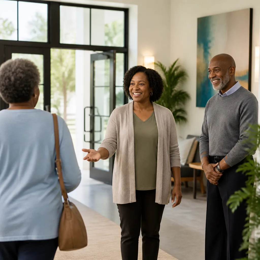 A welcoming interior entry area with people being greeted