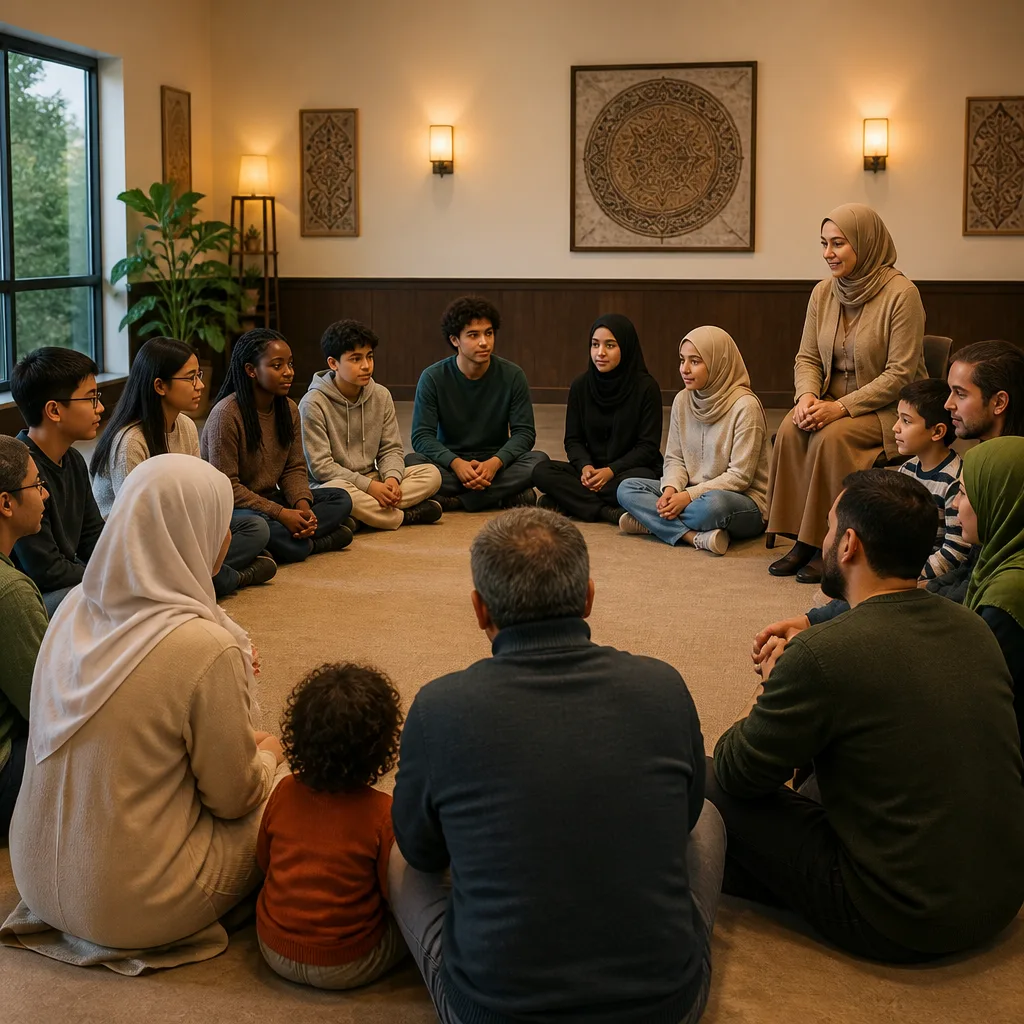 A peaceful community circle where new learners and families feel supported and welcomed during Quran classes.