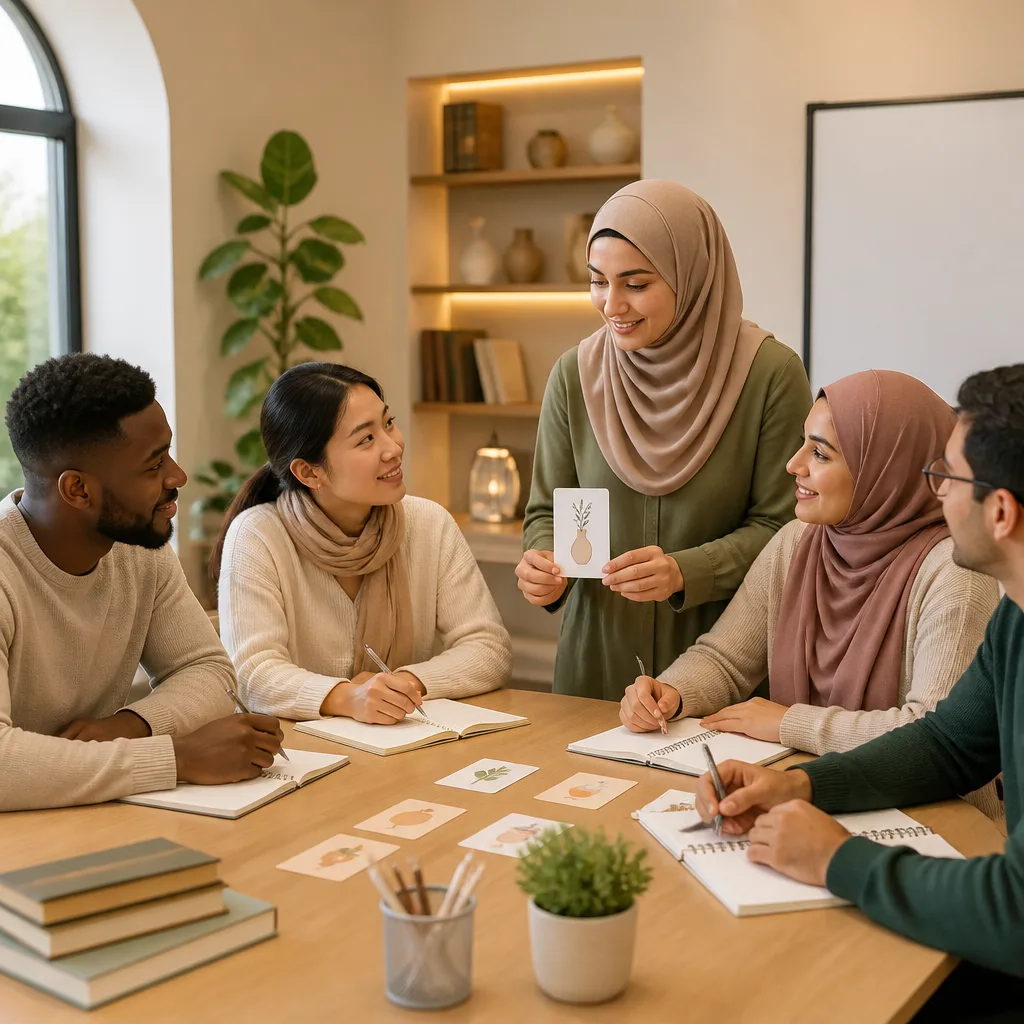 A welcoming classroom setting where a teacher patiently guides new learners starting Quran study without needing Arabic background.