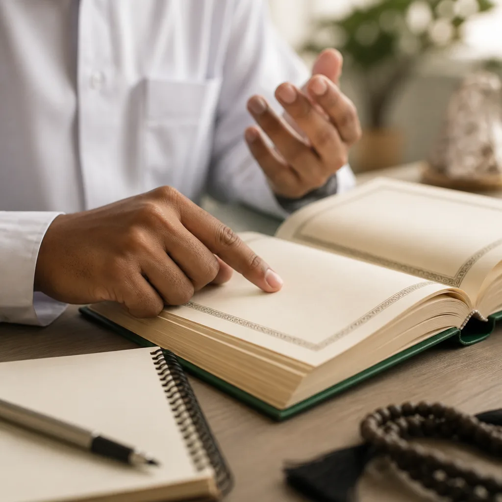 Hands practicing Quran learning with an open book and notebook under soft natural light, with no readable text shown.