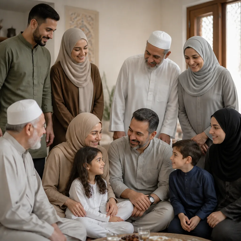 Blended family gathering in a welcoming Islamic community setting.
