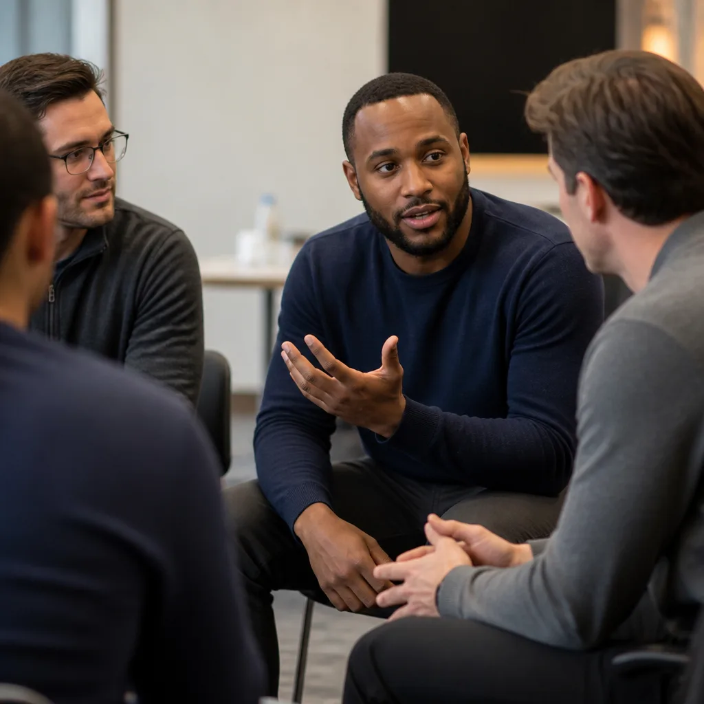 Men in a study circle focused on learning