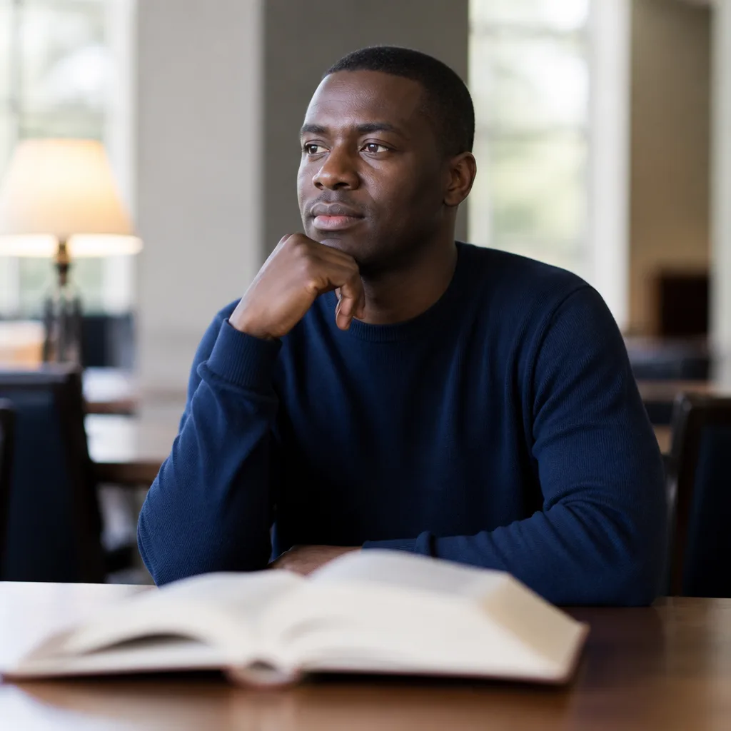 A brother reflecting in a quiet study space