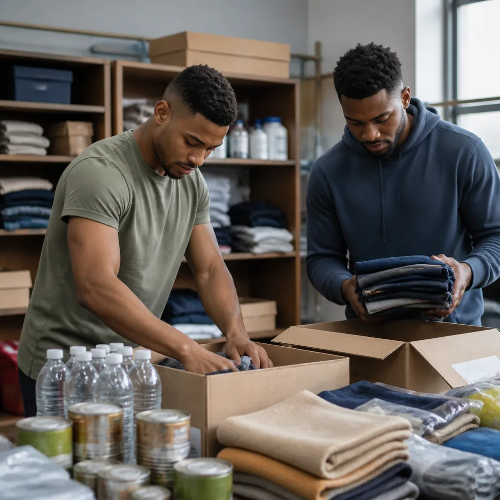 Brothers organizing volunteer supplies