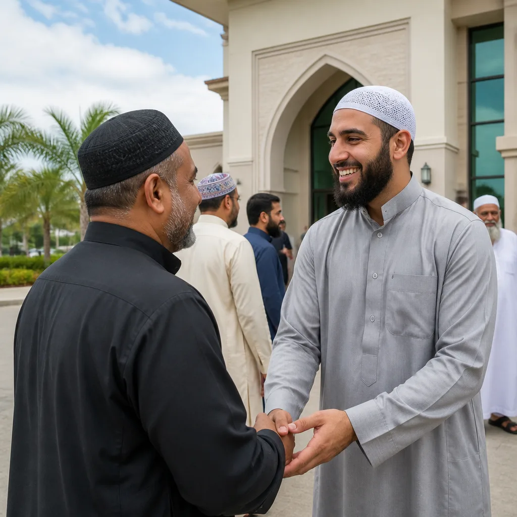 Men greeting outside a mosque in Central Florida