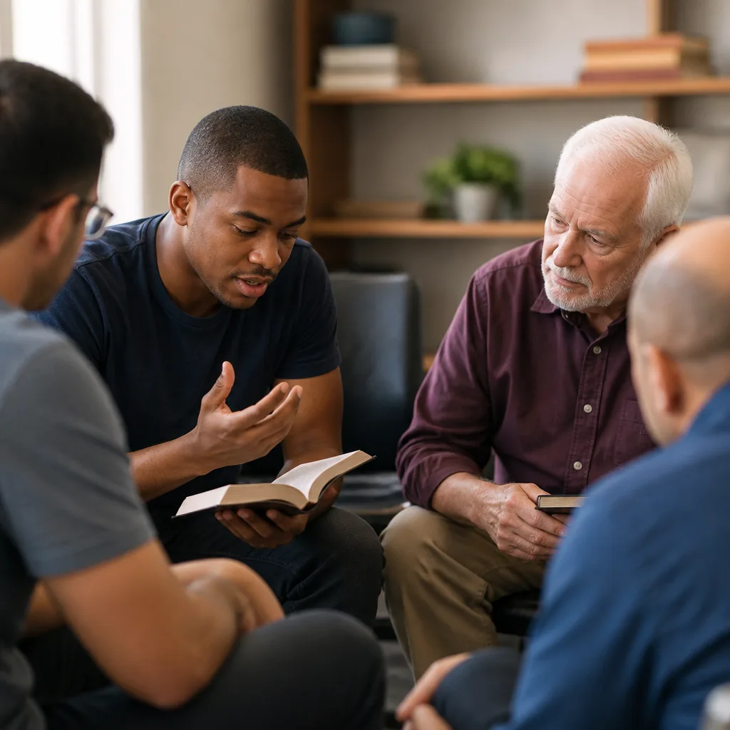 Men in a quiet study circle at a community center