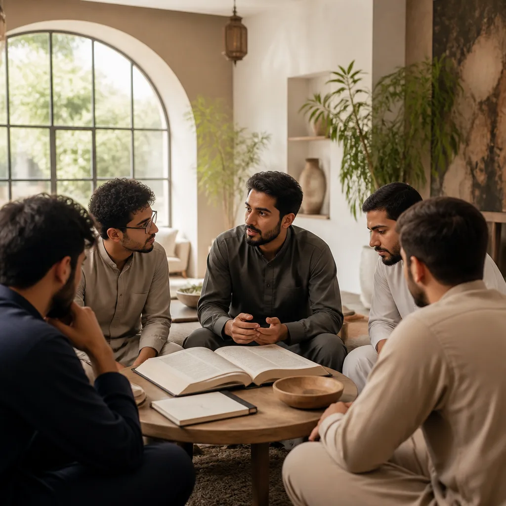 Brothers learning together in a calm Qur’an and character study circle.
