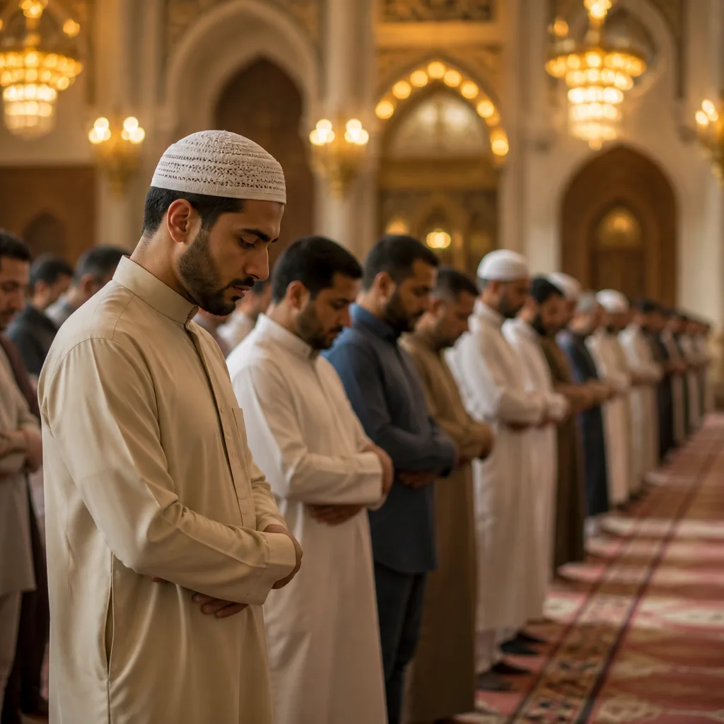 Brothers gathering for Jumuah worship in a serene mosque setting.
