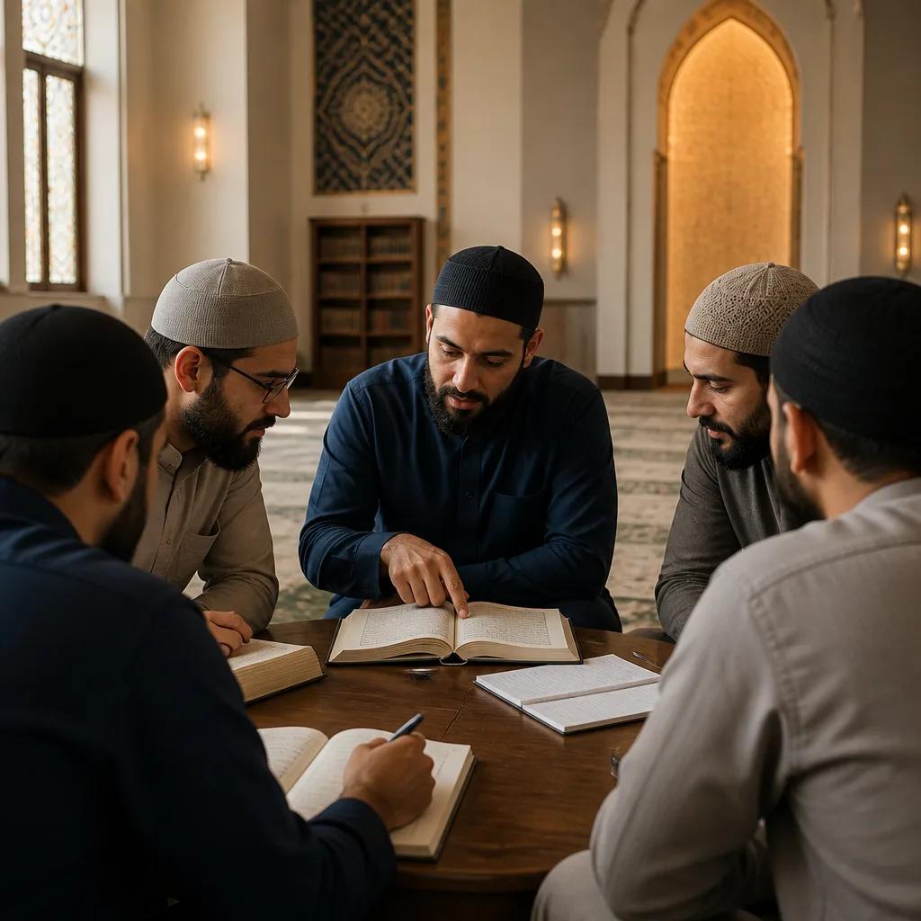 Brothers studying Qur’an together in a mosque learning space