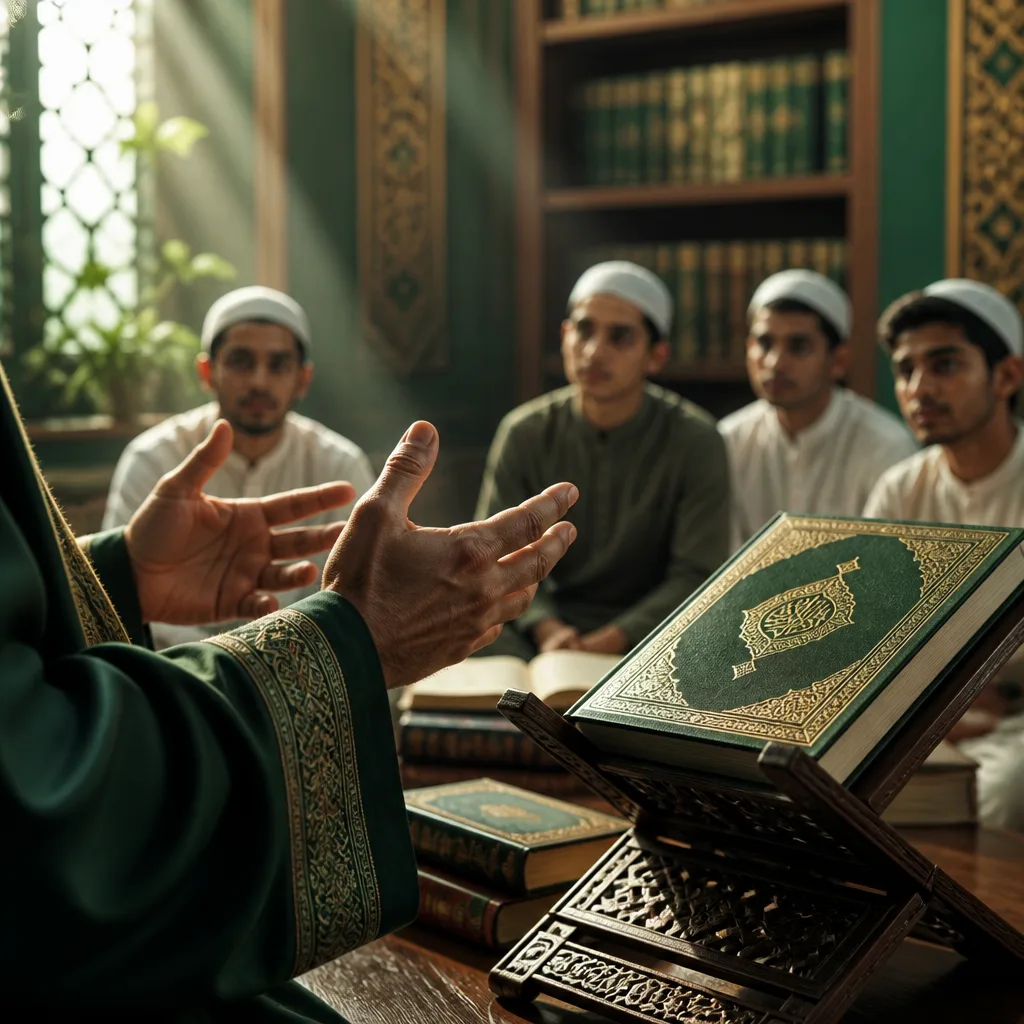 An instructor guiding brothers through Islamic references and Qur’an-based study