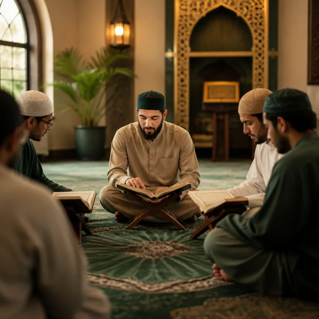 Men gathered for a Qur’an and Sunnah halaqah in a warm, quiet community space