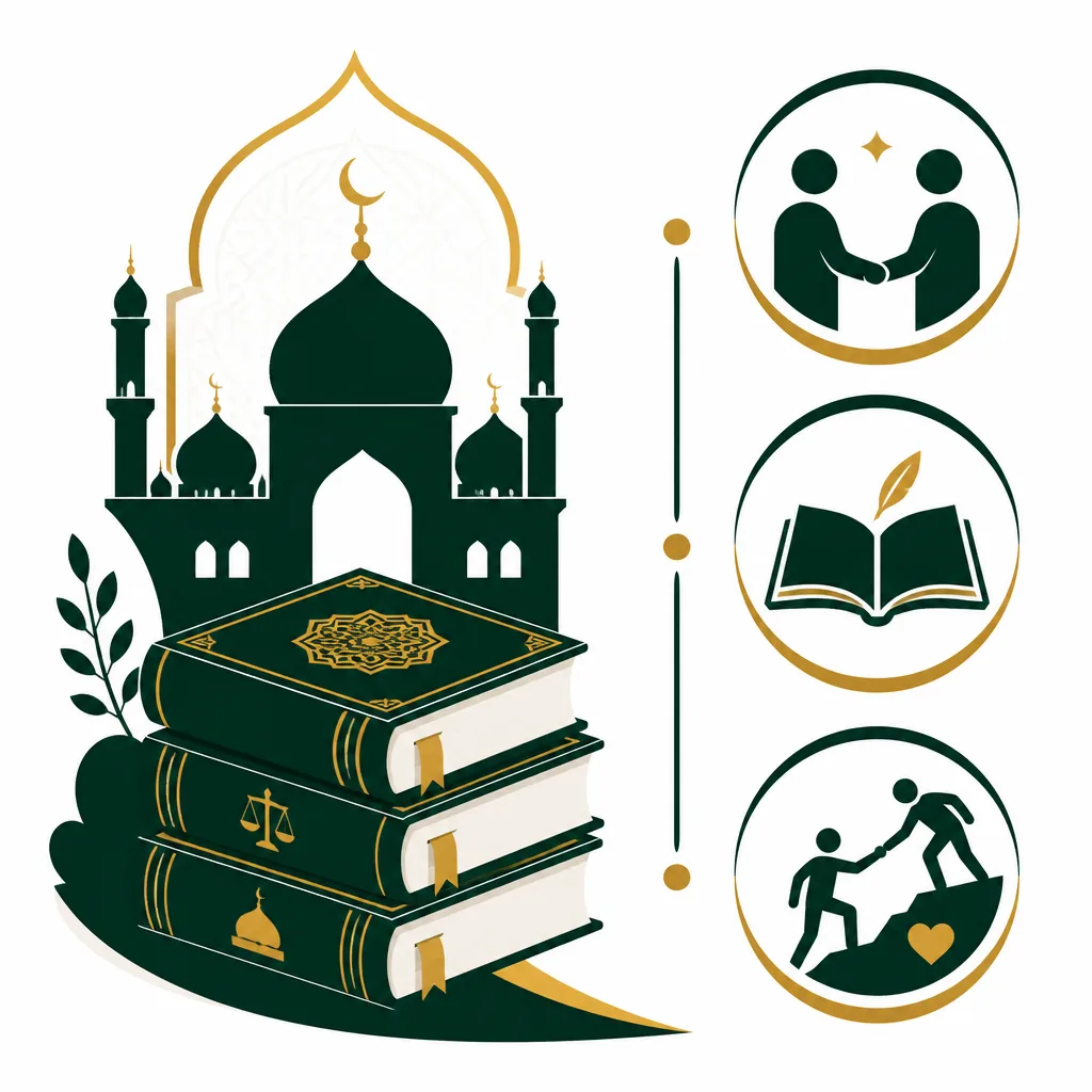 A modern illustration representing the program pillars of AMCC Brothers Programs: prayer, learning, mentorship, community, and service.