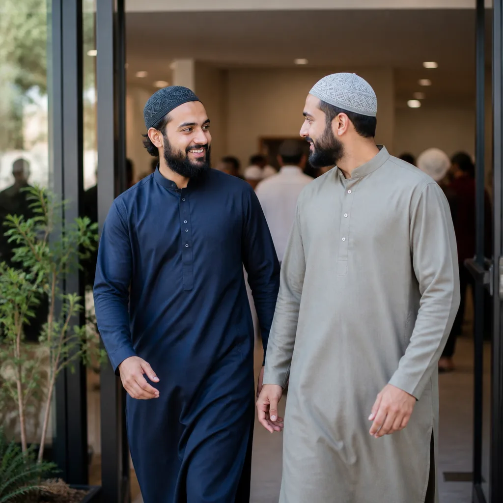 Brothers gathering in a community space with natural light