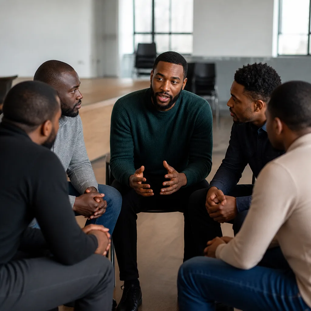 Brothers in a mentoring conversation in a community hall