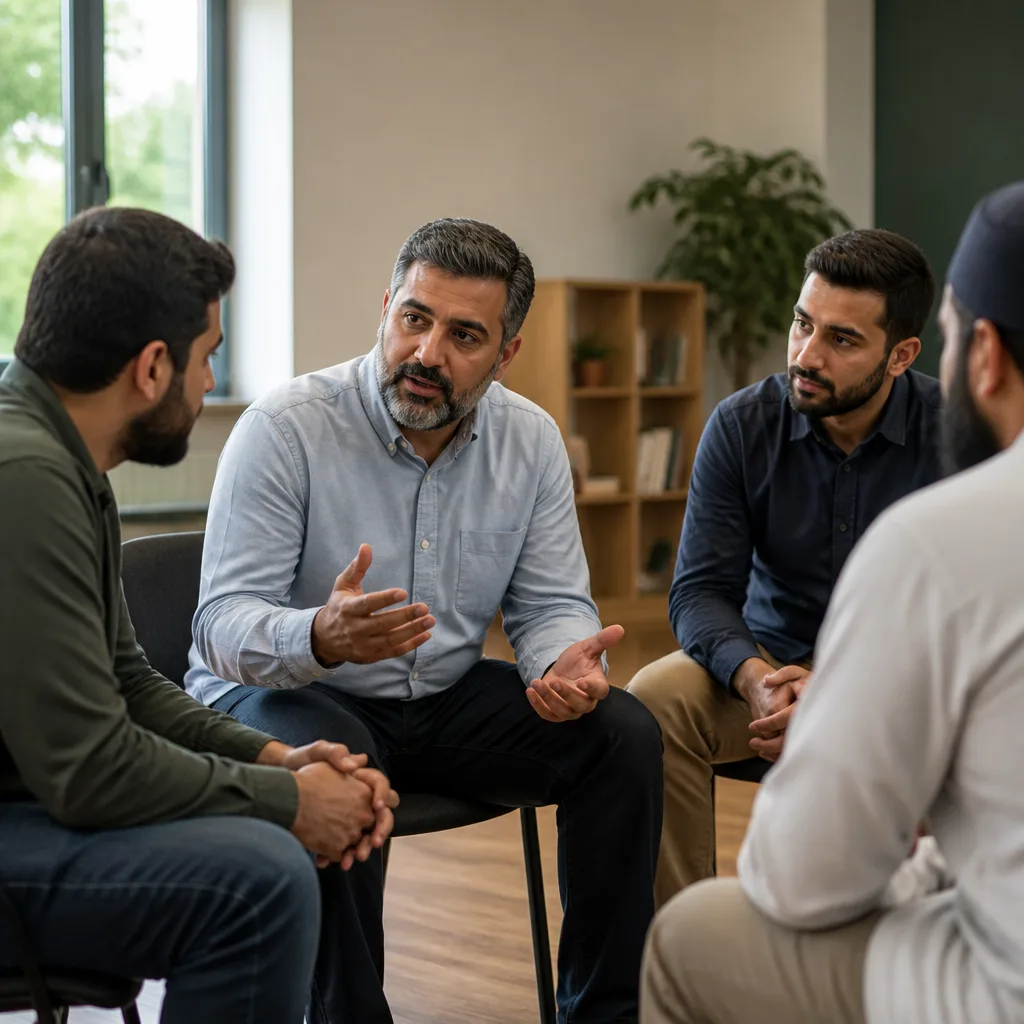 Men meeting in a calm community setting for mentorship