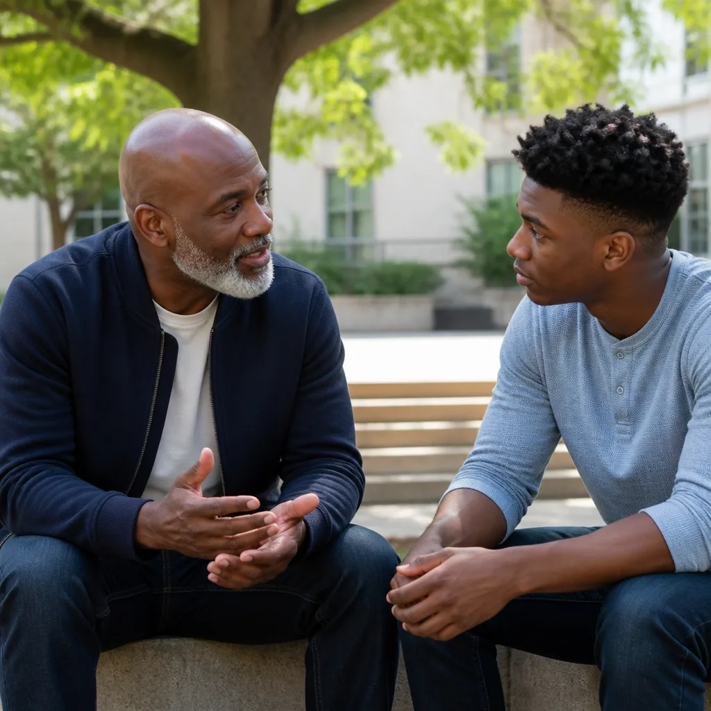 A mentor speaking with a younger brother in a community courtyard