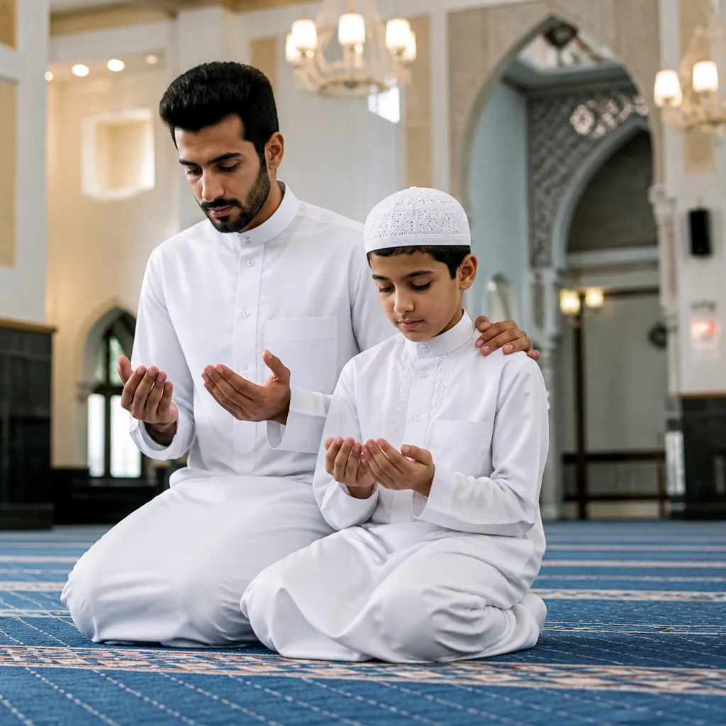 Muslim brothers standing together in a mosque prayer hall