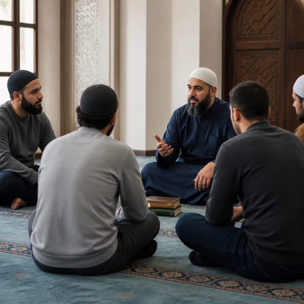 Brothers seated in a mosque halaqah study circle