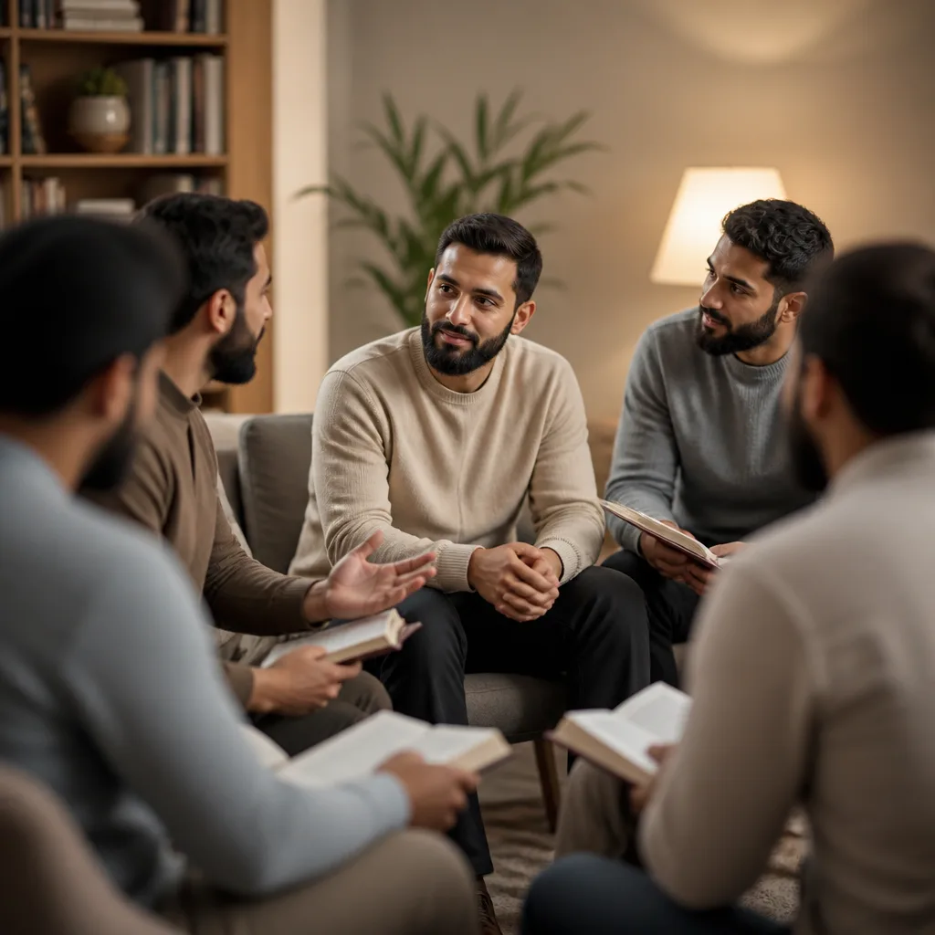 Brothers gathering for a welcoming study circle in a calm community setting.
