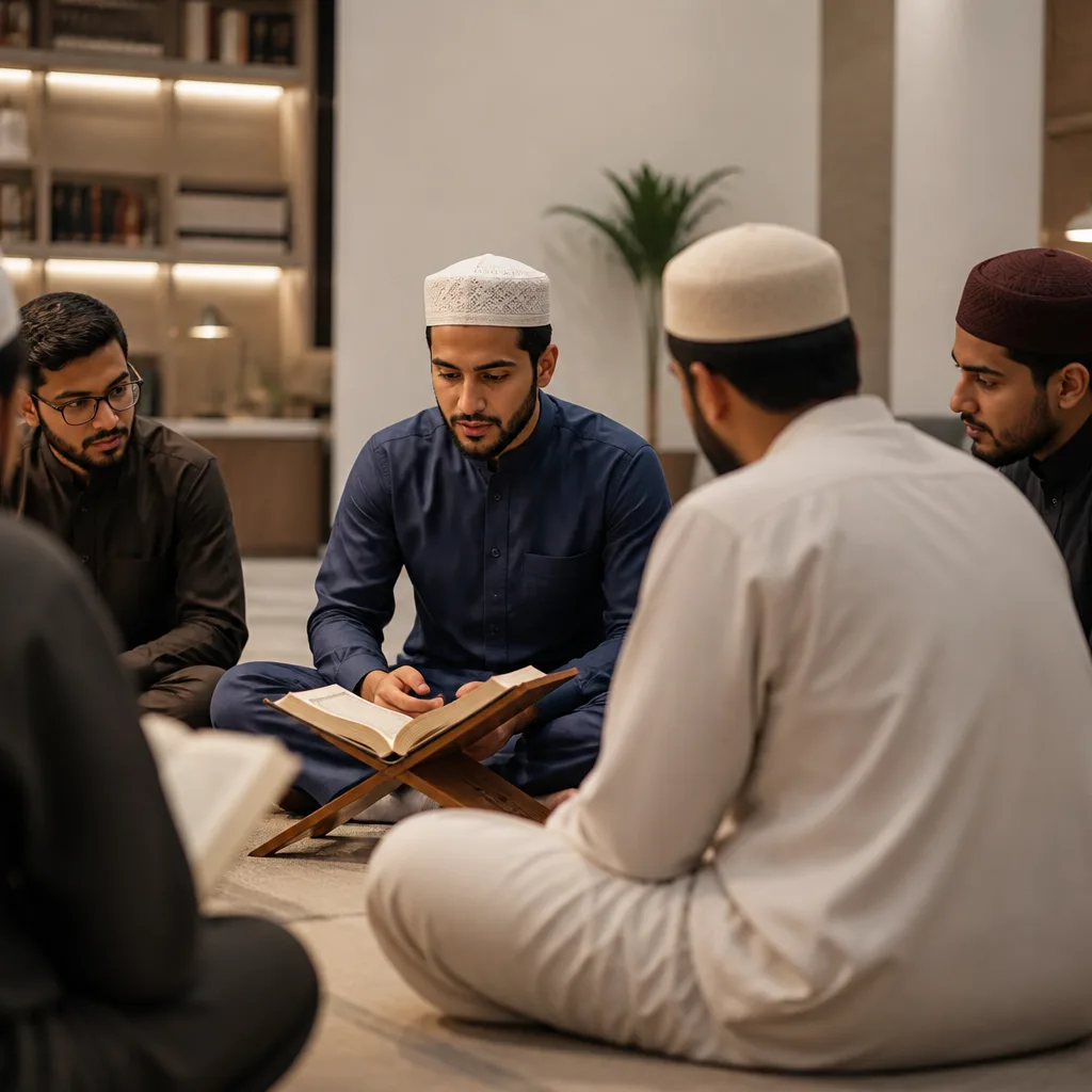 Muslim brothers studying together in a warm, welcoming community space
