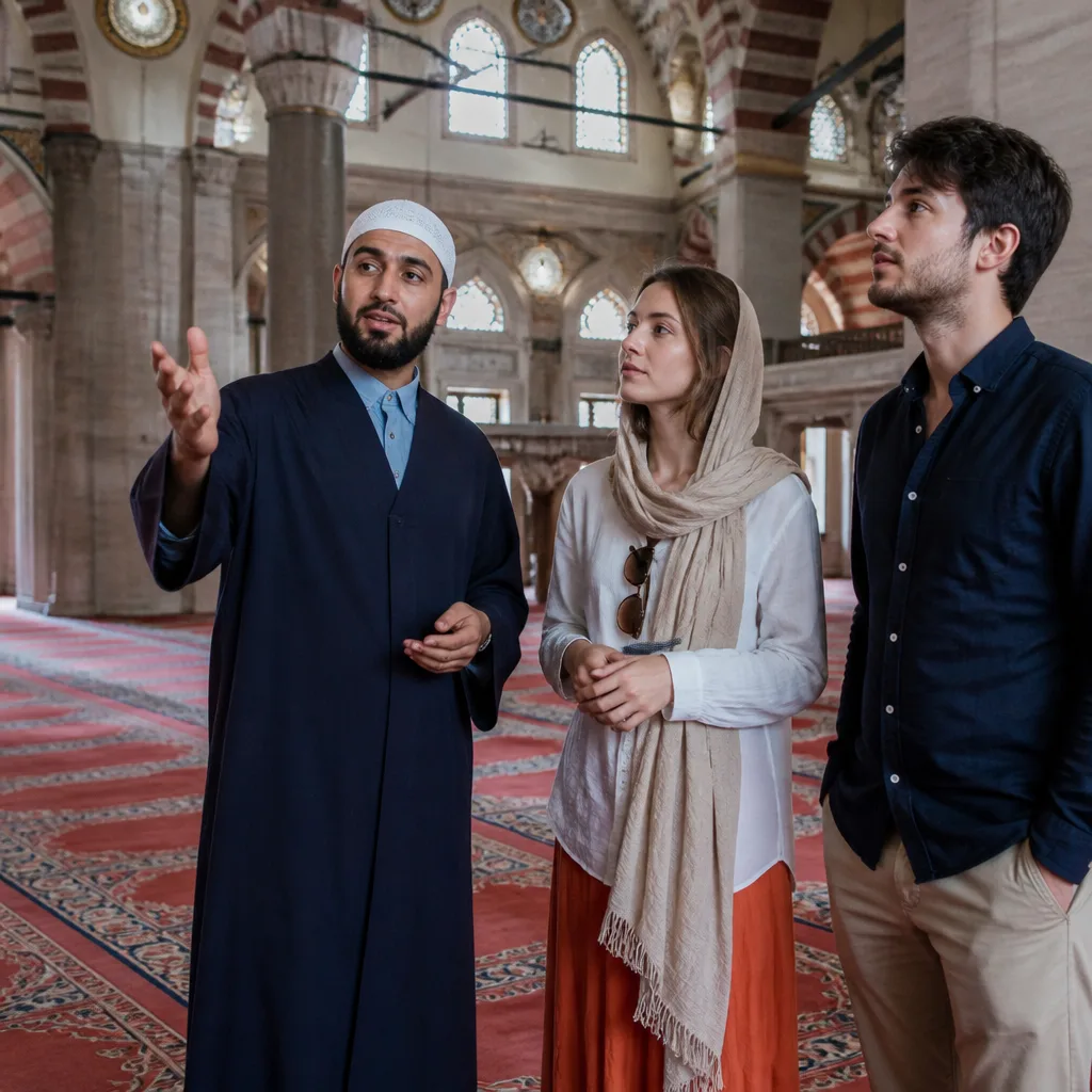 Respectful visitor moment inside a mosque