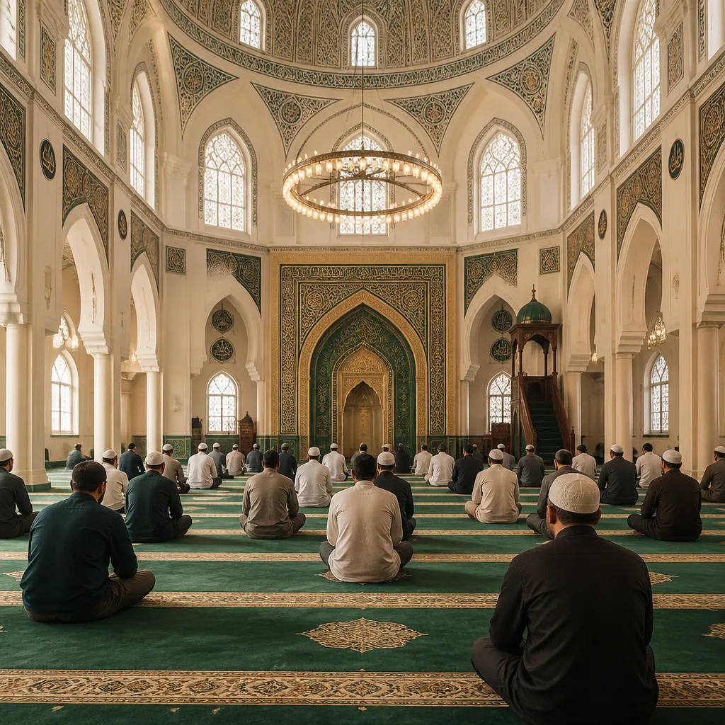 A calm, welcoming mosque prayer hall representing daily prayer support for new Muslims