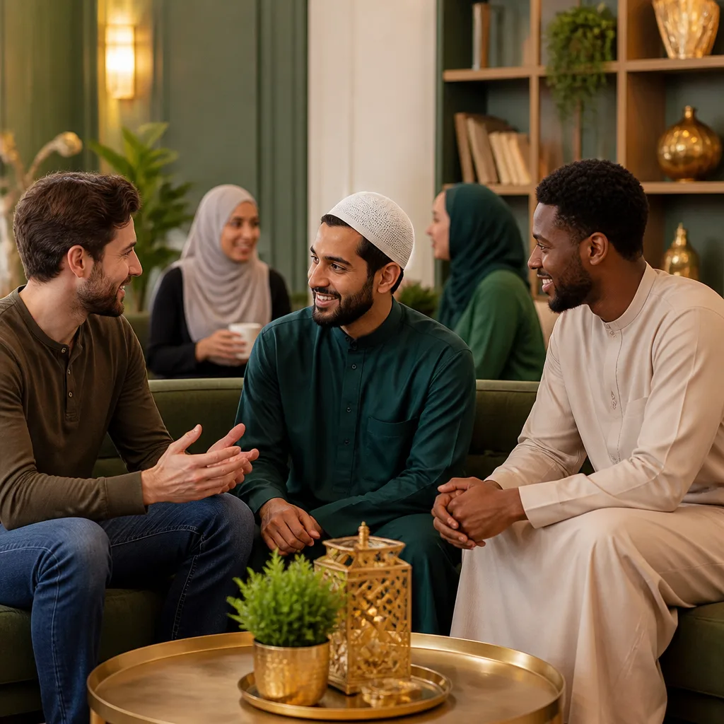 A welcoming community conversation representing support and guidance for new Muslims