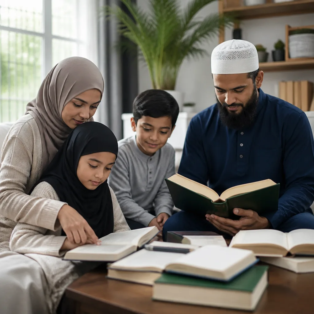 Islamic homeschooling family gathered at home during the day