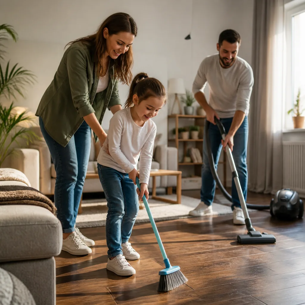 Family working together on light chores at home