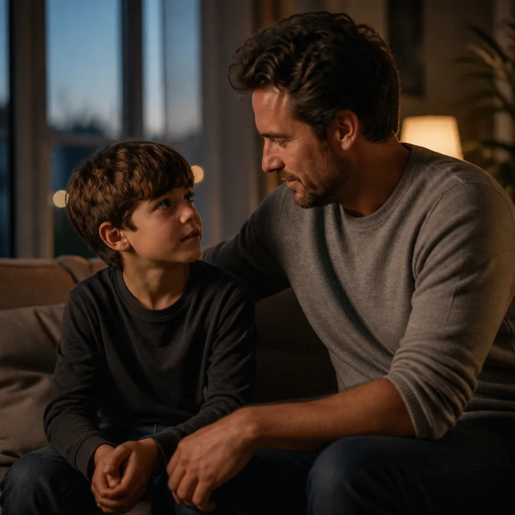 Parent comforting a child in a calm home setting