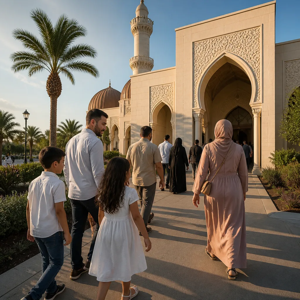 People approaching a mosque entrance in warm natural light