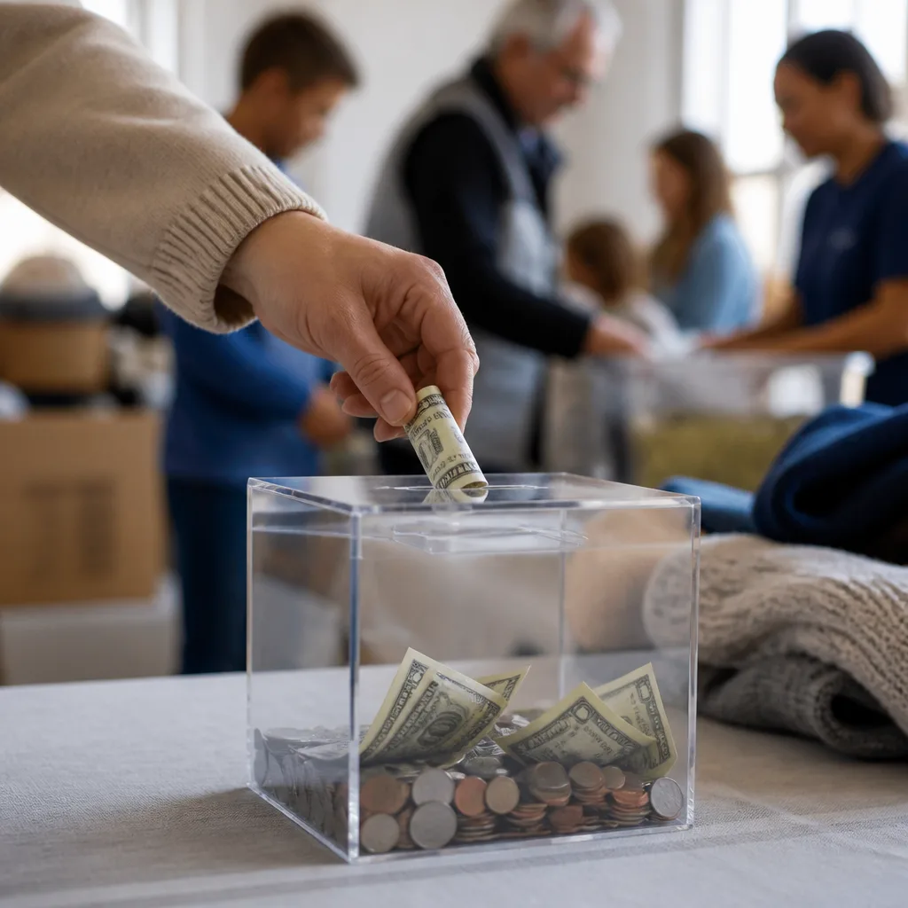 Hands placing a donation into a charity container
