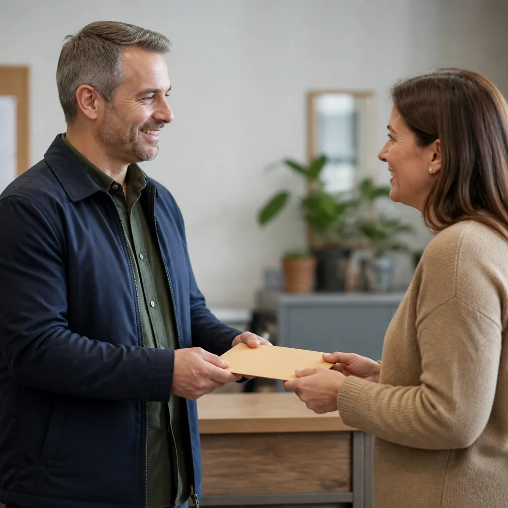Two people exchanging a folder with no visible text