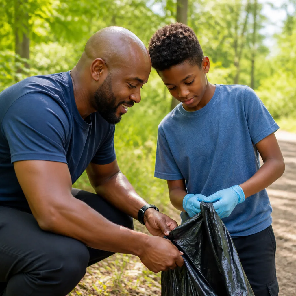 Father and youth collaborating near greenery