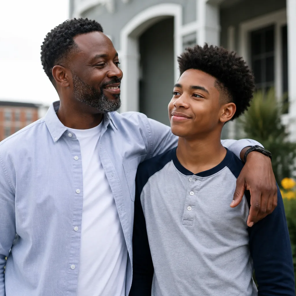 Father and teen youth in a warm community setting