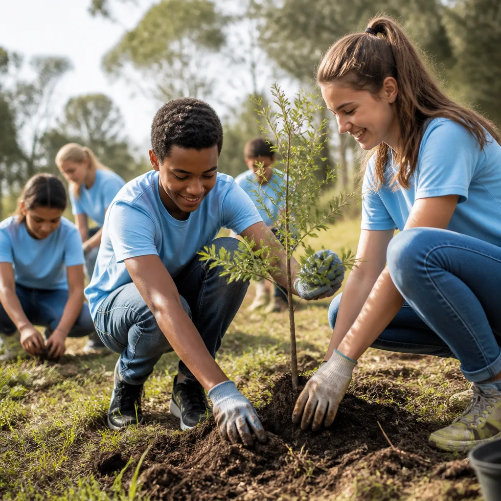 Teens participating in community service outdoors