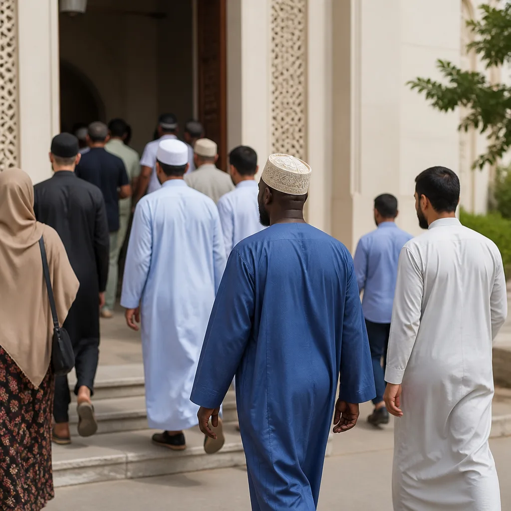 Visitors arriving respectfully for Friday prayer in a mosque setting