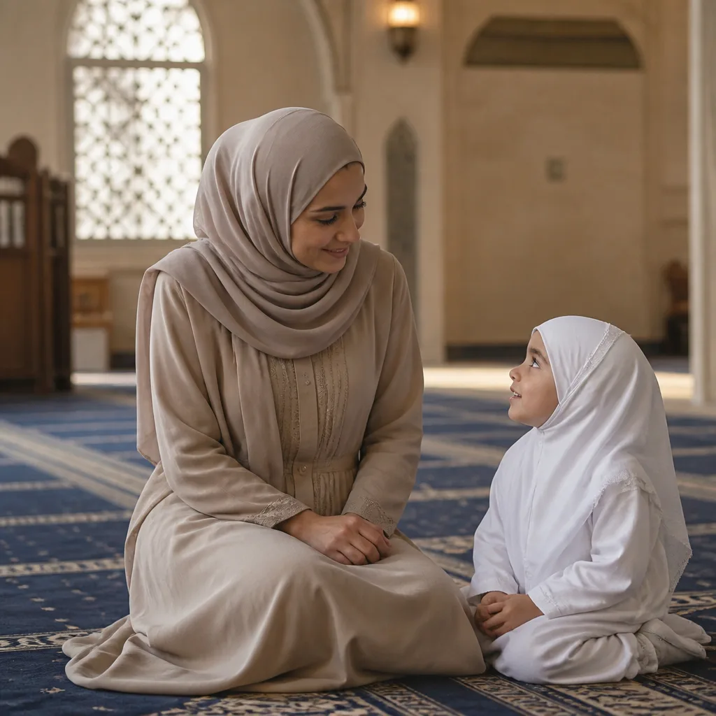 Woman seated respectfully in a women’s prayer space with a child