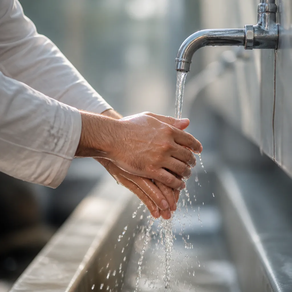 Hands performing wudu under running water