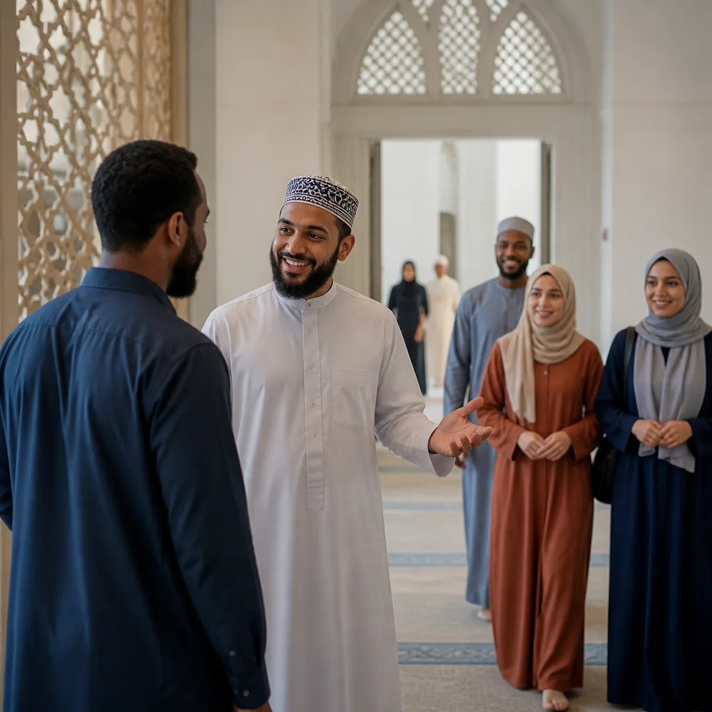 Community guide welcoming a new visitor at the masjid
