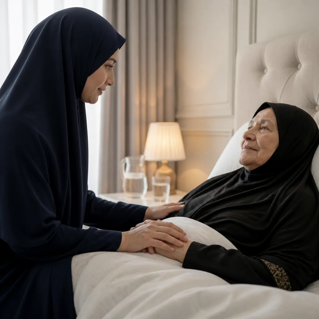 A caregiver offering respectful comfort at a patient bedside