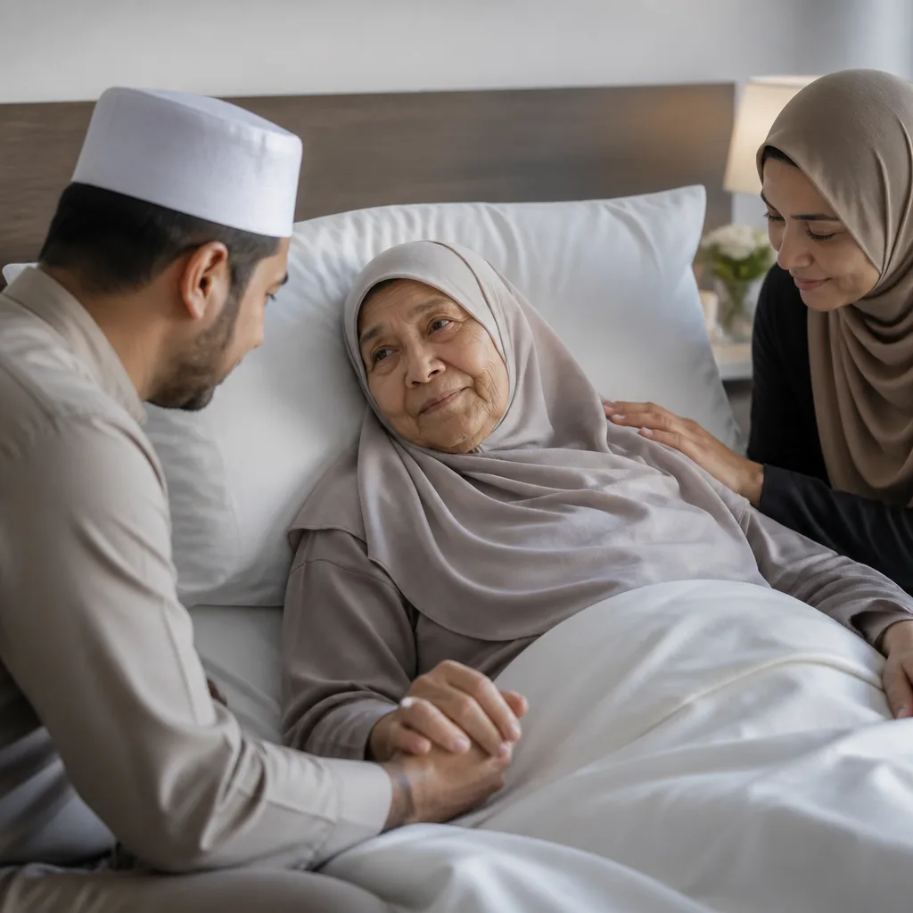 A family caregiver holding a loved one’s hand in a calm hospital setting