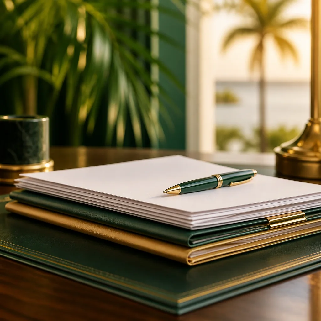 Paperwork and a pen arranged neatly with a Florida-inspired deep green and gold atmosphere for civil documentation planning.